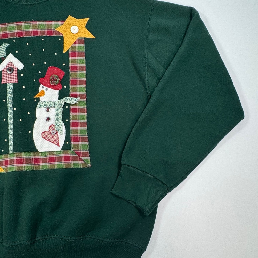 Vintage Fruit of the Loom Snowman Christmas Sweatshirt Green Large Made in USA - Picture 4 of 10